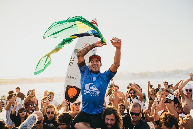 Gabriel Medina celebrating his victory at the Quiksilver Pro France 2017